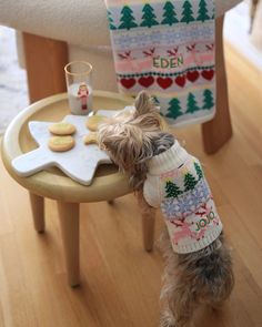 a small dog wearing a sweater looking at cookies on a table