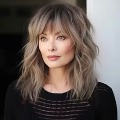 Medium Length Waves with Layered Bangs Medium Length Haircut With Layers For Women Over 50, Modern Rachel Haircut 2022, Shaggy Lob With Bangs Round Faces Medium, Bangs For Older Women, Long Luscious Hair, Layered Bangs, Long Hairstyles For Women