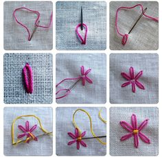 six pictures show how to crochet the flower with yarn and thread, along with instructions on how to hook it