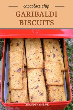 chocolate chip garibali biscuits in a red box on the grass with text overlay