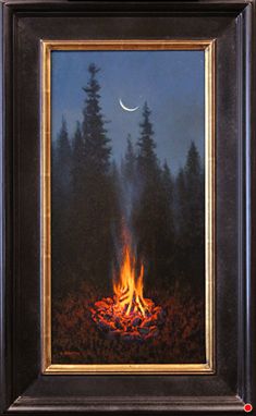 an oil painting of a campfire with the moon in the sky and trees behind it