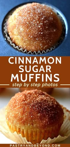 cinnamon sugar muffins are sitting on top of each other