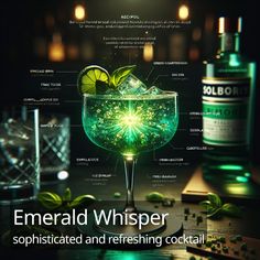 an image of a cocktail with ingredients labeled in the top right corner and bottom left corner