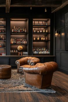 a living room filled with lots of furniture and shelves full of bottles on the wall