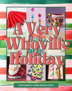 the cover of a very whovillee holiday book, featuring christmas decorations and gifts