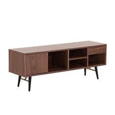 the sideboard is made from wood and has two open compartments on each side, one with