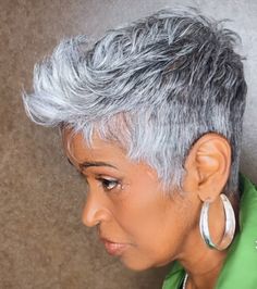 Grey Pixie Haircut Black Women, Gray Pixie Haircut, Lady Guinevere, Grey Hair Journey, Grey Bob Hairstyles, Haircuts Women, Funky Short Hair, Short Silver Hair, Timeless Looks