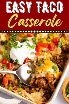 an easy taco casserole recipe in a white baking dish