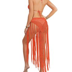 Orange Crochet Hollow-out Tasseled Beach Cover Tassels Swimwear For Beach Vacation, Vacation Swimwear With Tassels, Bohemian Beach Swimwear With Tassel Ties, Summer Tassel Swimwear For Vacation, Beachy Swimwear With Tassels For Vacation, Summer Swimwear With Tassels For Vacation, Festival Fringe Swimwear For Vacation, Fringe Swimwear For Festival Vacation, Festival Vacation Fringe Swimwear