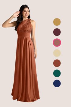 a woman in a long brown dress standing next to an assortment of color swatches