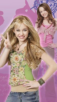 two young women standing next to each other in front of a pink background with butterflies