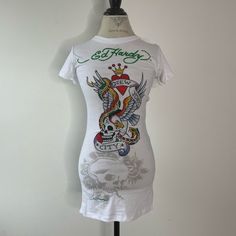 Ed Hardy White And Multi-Coloured Short Sleeve Long T-Shirt Or Can Be Worn As A Mini Dress. Brand New With Tags, Fully Bedazzeled Rhinestone Graphic, Size Medium! #Edhardy #Tattoo #Y2k #Mcbling #Rockatar Ed Hardy Clothes, Graphic T Shirt Dress, Y2k Mcbling, Long T Shirt, Long Tshirt, Ed Hardy, T Shirt Dress, Graphic T Shirt, Colorful Dresses