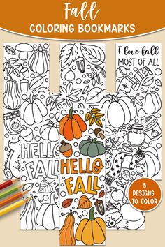 fall coloring bookmarks with pumpkins, leaves and other autumn items in the background