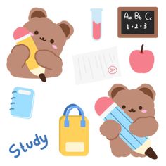 the teddy bear is holding a pencil and some school supplies