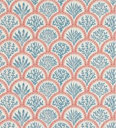 a blue and red wallpaper with an intricate design