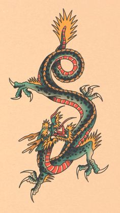 a drawing of a green and red dragon on a beige background with the letter s in it's center