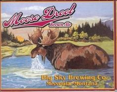 moose drool brown ale label with an image of a moose drinking from a river