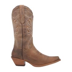 You'll love the chic neutral finish of these Dan Post women's Karmel cowboy boots for an elevated western look you can wear from day to night. Made from 100% leather, this pull-on pointed-toe classic style features an embroidered pattern and a low stacked heel. Wear them over skinny jeans with your favorite shirt or sweater. Closure Type: Pull OnShaft Circumference: 12 InchesBoot Shaft Height: 12 InchesShoe Heel Height: 1 3/8 InchesUpper/Outer Base Material: 100% LeatherShoe Lining Material: Po… Western Mid-calf Boots With Snip Toe For Country Events, Western Wide Calf Mid-calf Boots For Western-themed Events, Western Mid-calf Boots With Snip Toe For Rodeo, Western Style Mid-calf Boots With Snip Toe For Rodeo, Western Heeled Boots With Square Toe, Western Square Toe Heeled Boots For Western-themed Events, Western Style Square Toe Heeled Boots, Western Mid-calf Boots With Reinforced Heel For Rodeo, Western Mid-calf Boots For Rodeo With Reinforced Heel