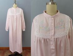 "Vintage nightgown from the 80's era!! Pale pink with floral embroidered chest and lace cuffs. Feels like cuddleskin with a satin outside and and soft cotton inside. Button up top bodice. Right hip pocket. This robe is made to stay warm and to cuddle! Fits a medium-large frame but please double-check the measurements below to ensure the best fit for you. -- M E A S U R E M E N T S --- Bust: 46\" Waist: 50\" Hips: 50\" Shoulders: 15\" Sleeves: 22\" Length: 45\" Fabric: Polyester, cotton Label/Era Long Sleeve Pink Nightgown For Spring, Vintage Pink Robe For Loungewear, Vintage Spring Sleepwear For Home, Vintage Spring Sleepwear, Pink Spring Robe For Bedtime, Vintage Pink Nightgown For Spring, Pink Feminine Robe For Sleepover, Feminine Pink Robe For Sleepover, Feminine Long Sleeve Robe For Home