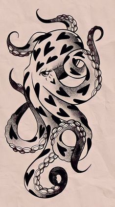 an octopus tattoo design is shown in black and white on a light pink paper background