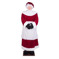 Plush parts connect with PVC poles to make Mrs. Claus stand up or sit downPlush PartsFor indoor useLight_Color: Unlit White Apron, Mrs Claus, Life Size, Stars And Moon, Indore, Stand Up, Black Boots, Red Dress, Christmas Holidays