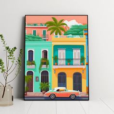 a painting on the wall next to a potted plant