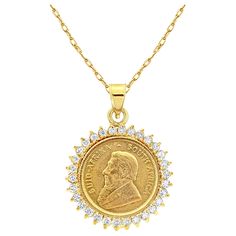 ♥ Coin Information ♥ Details: South African Krugerrand Gold Coin Obverse: Paul Kruger Reverse: Antelope Metal: Gold Weight: 1/10OZ Year: Varies Composition: .9167 Gold Ounce Chain: 18" 14k Yellow Gold ♥ Bezel Information ♥ Main Stone: Diamond Approx. Diamond Carat Weight: .66cttw Diamond Clarity: SI1 Diamond Color: H Halo Setting Material: 14k Yellow Gold **All coins are authentic and genuine uncirculated **Made to order and face of coin can be customized Necklace With Diamond, Halo Setting, Gold Ounce, La Face, Gold Coin, Coin Jewelry, Diamond Carat, Coin Necklace, Coin Pendant