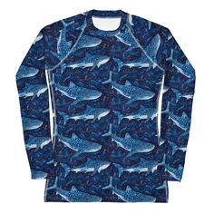 Whale Shark Dream Women's Rashguard - Salinity Swimwear - Blue Long Sleeve Rash Guard For Water Sports, Long Sleeve Blue Rash Guard For Water Sports, Black Casual Rash Guard For Surfing, Casual Black Rash Guard For Surfing, Blue Casual Rash Guard For Water Sports, Casual Blue Rash Guard For Water Sports, Stretch Crew Neck Rash Guard For Surfing, Moisture-wicking Fitted Crew Neck Rash Guard, Blue Rash Guard With Upf 50+ For Surfing