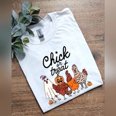 Super Cute Tee. On Gildan Adult Unisex 50/50 White Tee Shirt. Made With Sublimation. Ships Within 3 Business Days. Funny White Shirt For Fall, Halloween Farm, Farm Chickens, Sublimation Shirts, White Tee Shirt, Chicken Shirts, White Tee Shirts, Sublime Shirt, Cute Clothes