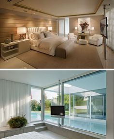 there are two different views of a bedroom