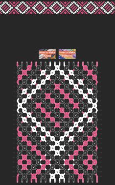 a cross stitch pattern with pink and white circles on black background, in the center is an ornamental design