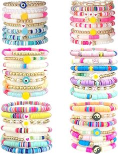 WAINIS 44 Pcs Preppy Bracelets Set Colorful Heart Star Evil Eye Beaded Polymer Clay Pearl Stackable Charm Y2K Kidcore Summer Beach Bohemian Layering Bracelets for Women Layering Bracelets, Beach Bohemian, Surfer Bracelets, Clay Bracelet, Bohemian Colors, Bracelets Set, Jewelry Care Instructions