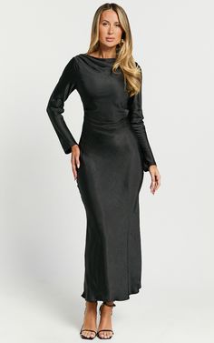 Arriana Midi Dress - Long Sleeve Cowl Back Satin Dress in Black | Showpo USA Long Sleeve Evening Dress For Fall Gala, Formal Fitted Long Sleeve Evening Dress, Formal Long Sleeve Fitted Evening Dress, Fall Long Sleeve Evening Dress For Gala, Fall Long Sleeve Gala Evening Dress, Sleek Satin Maxi Dress For Night Out, Chic Formal Maxi Dress With Cowl Neck, Elegant Cowl Back Dress For Night Out, Fitted Maxi Dress With Cowl Back For Party