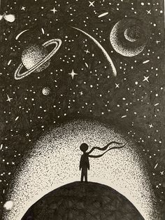 a drawing of a person standing on top of a hill with planets in the background