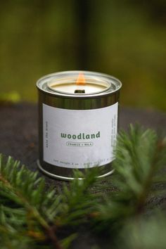 a candle sitting on top of a wooden table next to a pine tree branch with the word woodland written on it