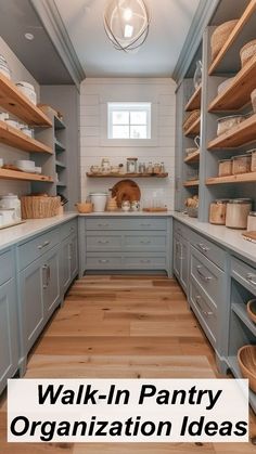 a walk in pantry filled with lots of wooden shelves