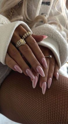 Gelx Inspo Nails Simple, Soft Feminine Nails, Almond Pink Chrome Nails, Pink Glazed Nails, Almond Chrome Nails, Pink Nails Chrome, Chrome Nails Almond, Chrome Almond Nails, Pink Oval Nails