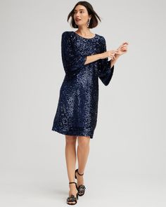 Velvet Sequin Bell Sleeve Dress - Chico's Travel Jacket, Dressy Shorts, Holiday Party Dresses, The Velvet, Womens Designer Fashion, Jewel Neck, Bell Sleeve Dress, Sweaters And Jeans, Pants Jeans