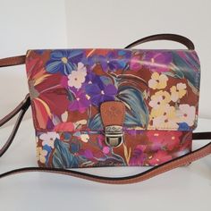 Beautiful Summer Florals Lanza Brown Leather Bag With Floral Print, Brown Floral Print Bag For Everyday Use, Brown Floral Print Shoulder Bag For Travel, Travel Floral Print Leather Shoulder Bag, Leather Travel Bag With Floral Print, Leather Floral Print Shoulder Bag For Travel, Leather Shoulder Bag With Floral Print For Travel, Brown Floral Print Rectangular Bag, Brown Rectangular Bag With Floral Print