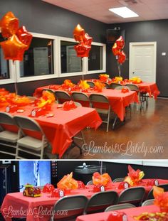 two pictures of tables with red tablecloths and orange balloons in the middle one is empty