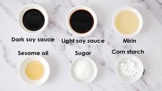 six different types of sauces on a white marble countertop with text describing them