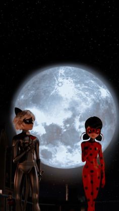 two cartoon characters standing in front of a full moon