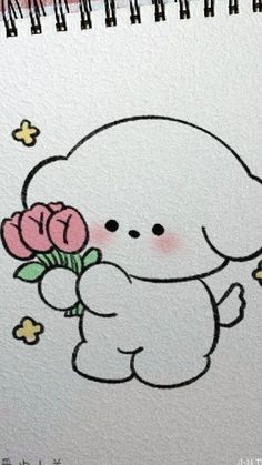 a drawing of a white dog holding a flower