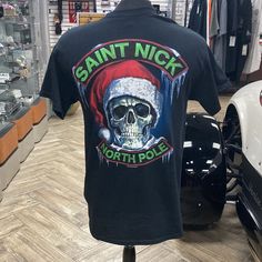 Hot Leathers Gmd1329 Men's Saint Nick Skull Christmas Black T-Shirt Black Christmas Streetwear T-shirt, Black T-shirt For Christmas Streetwear, Black Festive Streetwear T-shirt, Black T-shirt With Christmas Print, Skull Christmas, Saint Nick, Navy Blue Shirts, Christmas Black, T Shorts