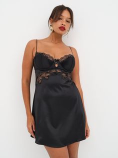 FOR LOVE & LEMONS FOR VICTORIA'S SECRET: Put on an ultra-sexy display in the Brie black slip dress—a mini slip dress with underwire cups, embroidered lace detailing, and a romantic heart applique at the center-front gore. Mini Slip Dress Outfit, Slip Dress Outfit, Slip Dress Black, Pink Slip Dress, Lingerie Slip Dress, Heart Applique, Red Slip Dress, Romantic Heart, Lingerie Party