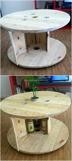 two pictures of a coffee table made out of pallets