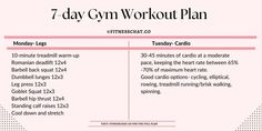 the 7 - day gym workout plan is shown in pink and black, with instructions for each