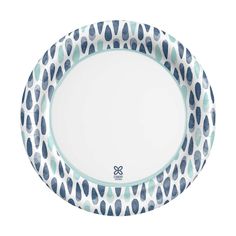 a blue and white plate with an animal print design on the rim, in front of a white background