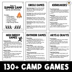 Includes 138 summer camp games and activities ideas for kids great summer camp resource for camp counselors  -------------- includes: - circle games - icebreakers - arts and crafts - outdoor games - high-energy games  42 pages total ---------------- print, 3 hole pages, insert into bunder or duotang ---------------- this is a digital download 📥 no physical product will be shipped to you 🚫📬  no refunds on products that have already been downloaded or emailed 🚫📩 Camp Chants For Kids, Camp Counselor Activities, Camping Activities For Teens, Camping Games For Family, Camp Activities For Teens, Games For Summer Camp, Camp Games For Teens, Summer Camp Games For Kids, Kids Camp Games