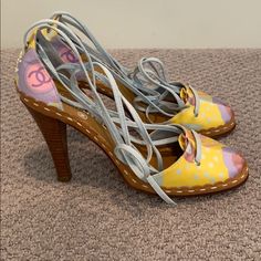 Reposhing This Item I Purchased From @Sarahbmoats. Loved It, But Didn’t Wear It! Designer Yellow Open Heel Heels, Designer Yellow Ankle Strap Heels, Chanel Yellow, Chanel Heels, Spring Prints, Chanel Shoes, Yellow Blue, Wear It, Blue Yellow